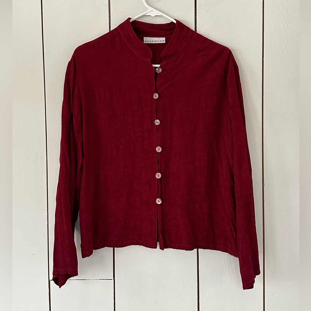Bryn Walker Mandarin Collar Button-Down Long Sleeve Shirt Sz M Burgundy Red